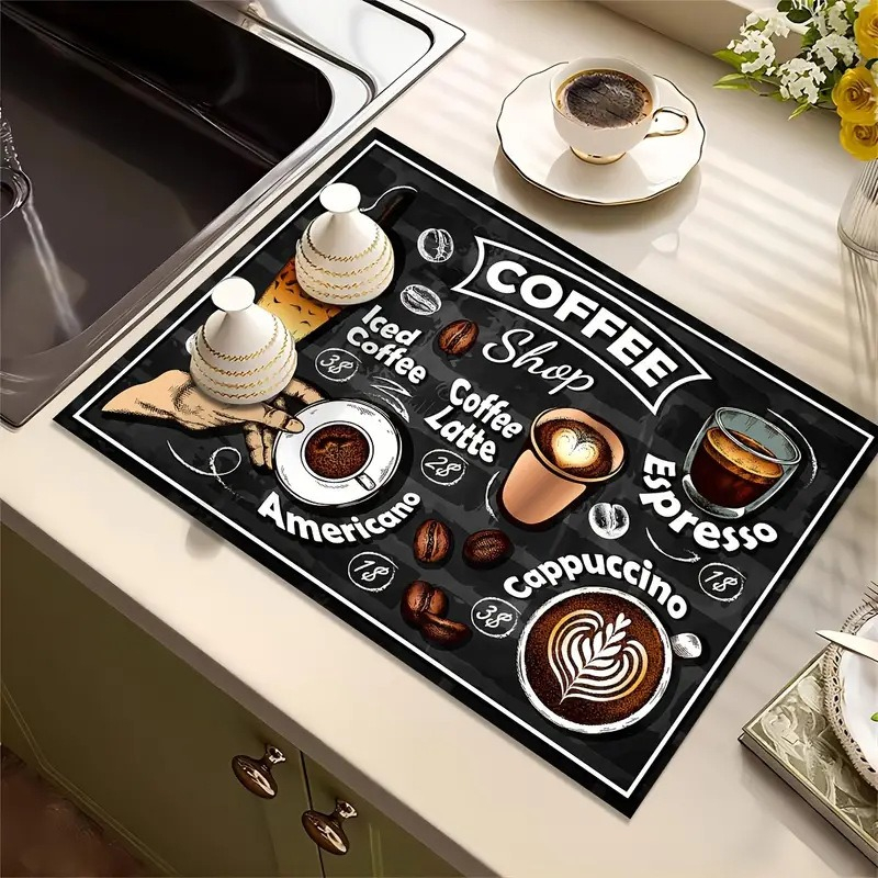 Bar Mat Rubber - Coffee Print Kitchen Drying Mat Soft